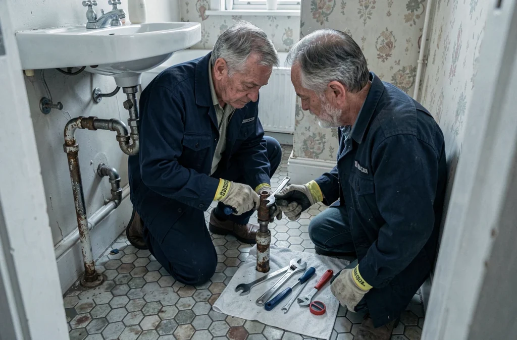 Plombier senior dévissant un raccord de plomberie corrodé sous un lavabo dans une salle de bain