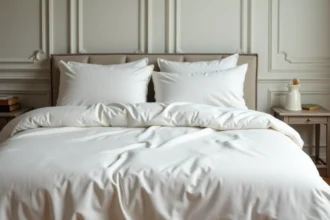 Lit impeccablement fait avec des draps en lin français blanc, dans une chambre haussmannienne au parquet en bois et aux murs en plâtre clair