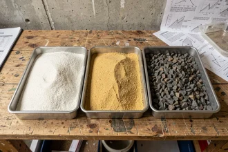 Trois échantillons de sable de granulométries différentes comparés dans des bacs métalliques sur un établi en bois