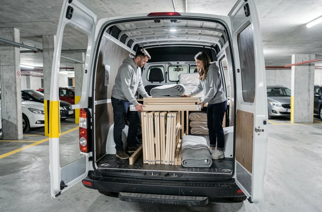 Duo emballant des meubles dans un utilitaire de location dans un parking souterrain lors d'un déménagement