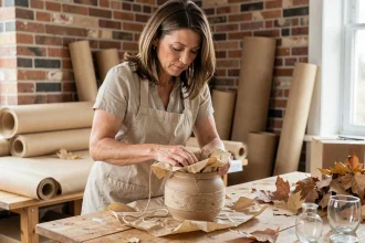 Femme emballant un vase fragile avec du papier kraft et de la ficelle de jute comme matériaux alternatifs de protection