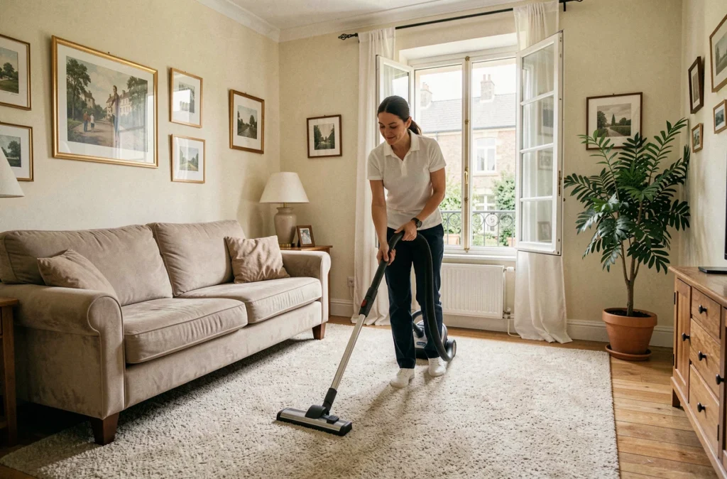 Employée de ménage passant l'aspirateur dans un salon propre et bien décoré d'un appartement en Île-de-France