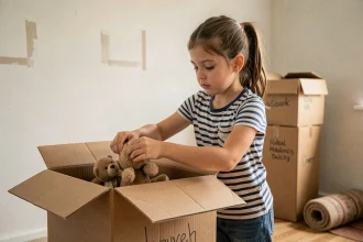 Petite fille rangeant ses affaires dans des cartons lors d'un déménagement familial