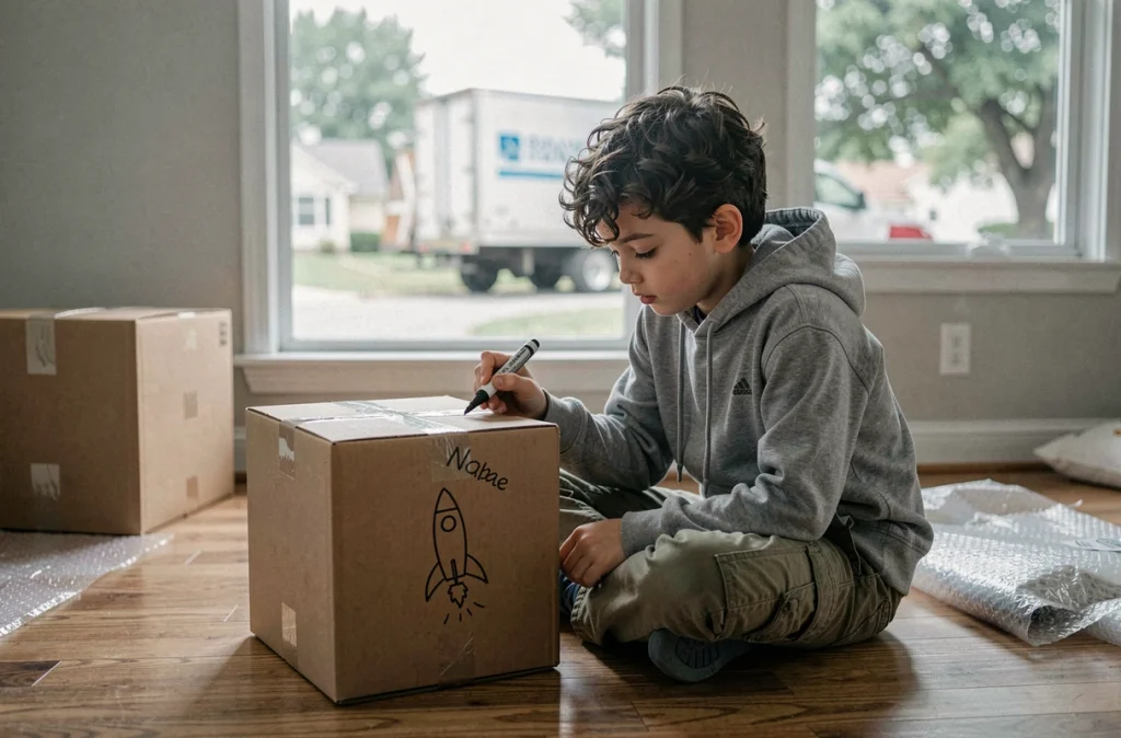 Garçon personnalisant ses cartons de déménagement avec un marqueur dans un salon vide