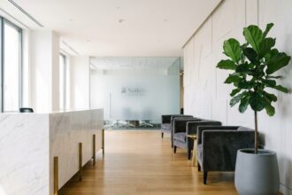 Espace d'accueil professionnel moderne avec bureau en marbre blanc, plante verte et chaises en velours gris anthracite