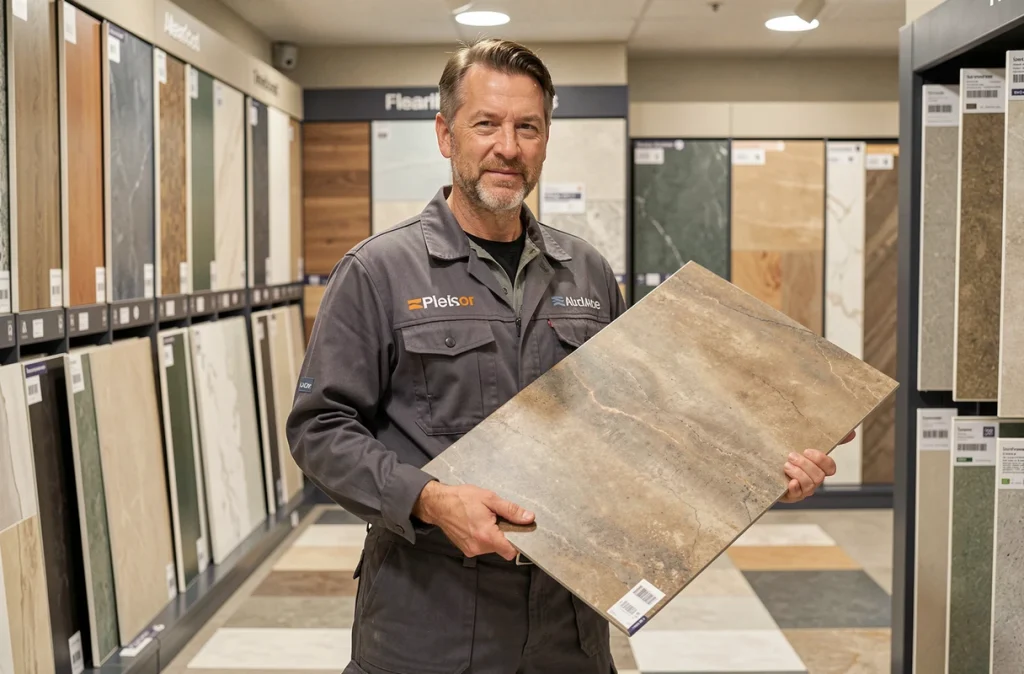 Spécialiste d'Espace Carrelage dans un showroom présentant des échantillons de carrelage céramique et porcelaine en Alsace