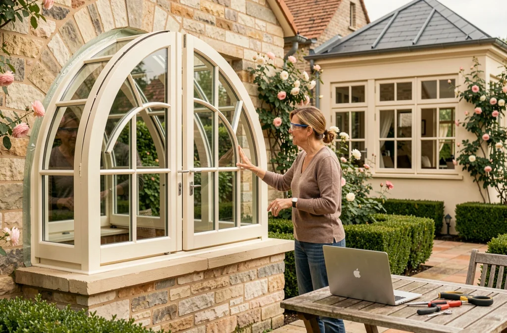 Designer d'Espri'dome supervisant la pose d'une fenêtre cintrée sur une orangerie rénovée dans un jardin de l'Oise