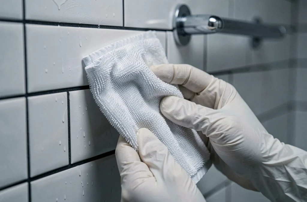 Gros plan sur des mains gantées essuyant les résidus de produit nettoyant sur un carrelage de salle de bain, étape de rinçage après gros travaux