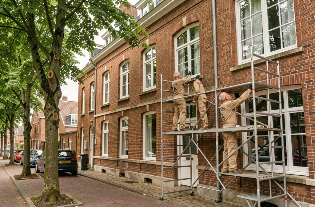 Deux techniciens des Établissements Douay-Leemans remplaçant des fenêtres sur une maison en brique du nord de l'Oise