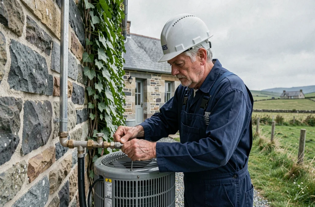 Technicien des Etablissements Garrec et Cie travaillant sur une pompe à chaleur près d'une ferme bretonne