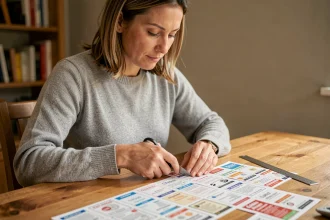 Femme découpant une étiquette imprimée pour boîte aux lettres à la maison avec des ciseaux