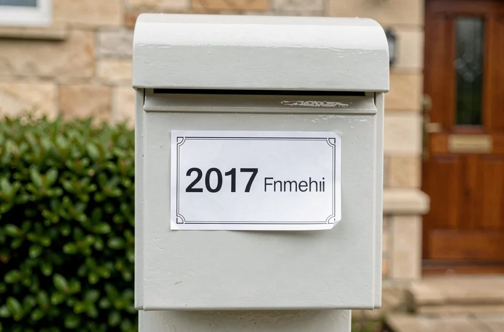 Étiquette personnalisée imprimée collée sur une boîte aux lettres résidentielle avec numéro et nom de famille