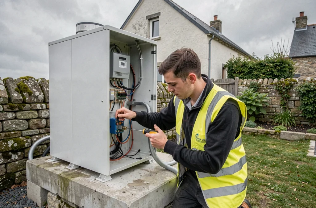 Technicien d'Ets Iverdoo raccordant les connexions électriques d'une pompe à chaleur air-eau