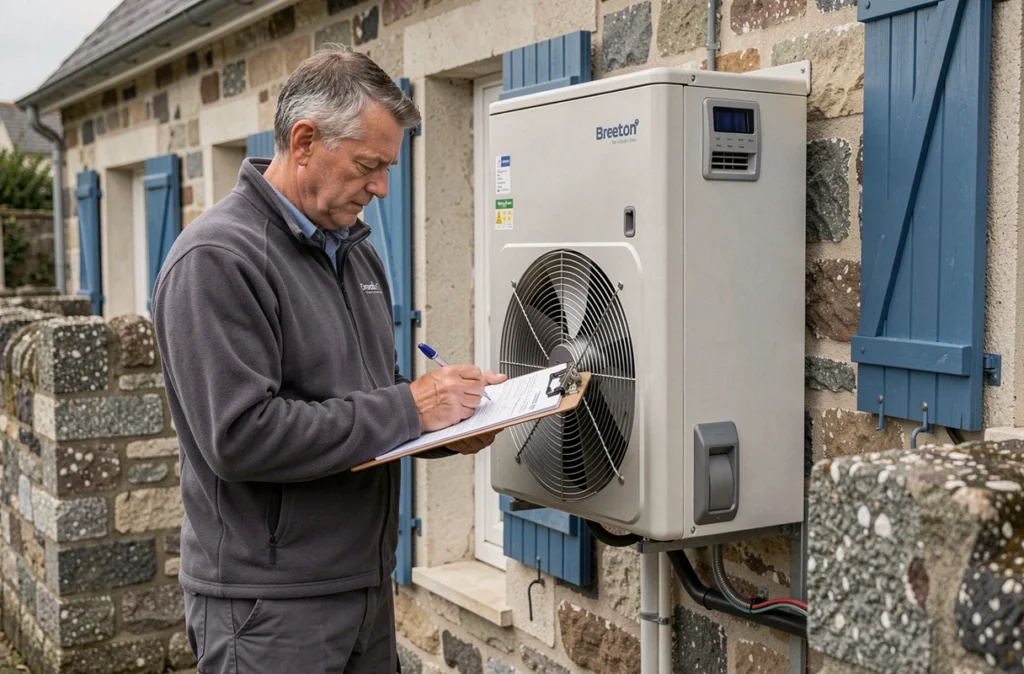 Michel Pouillic, artisan installateur de pompe à chaleur, effectuant les vérifications finales sur chantier en Morbihan