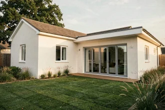 Extension maison plain-pied avec toit plat et baies vitrées ouvrant sur terrasse bois dans un jardin soigné