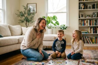 Mère de famille profitant d'un moment de jeu avec ses enfants à domicile grâce au service de ménage à domicile à Brie-Comte-Robert
