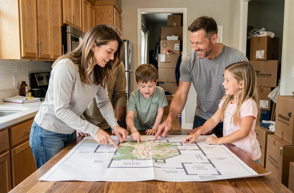 Famille entière impliquée dans la planification d'un déménagement autour d'une table