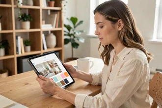 Femme utilisant une application de décoration intérieure sur tablette dans un bureau à domicile au style scandinave