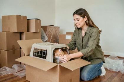 Femme préparant un chat dans un sac de transport lors d'un déménagement dans un appartement en cours de vidage