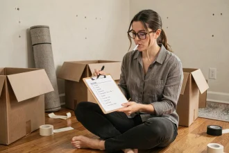 Femme assise sur le sol d'un appartement en cours de déménagement, consultant une check-list manuscrite entourée de cartons ouverts