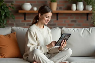 Femme consultant un coach déco en ligne sur tablette dans un salon moderne aux tons neutres