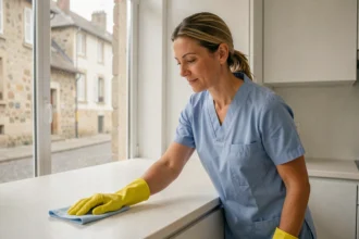 Femme de ménage professionnelle en uniforme bleu essuyant un plan de travail dans un appartement moderne à Laon