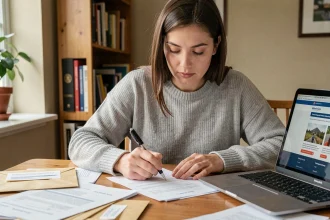 Femme remplissant des formulaires administratifs de changement d'adresse à son bureau à domicile avec un ordinateur portable