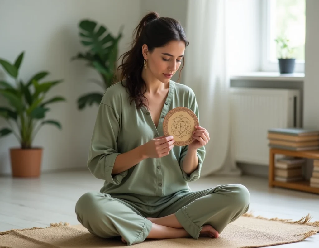 Femme tenant un carreau en céramique peint d'un mandala en géométrie sacrée dans un espace de méditation minimaliste