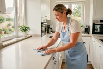 Femme de ménage professionnelle nettoyant un plan de travail dans une cuisine moderne de maison individuelle dans les Yvelines