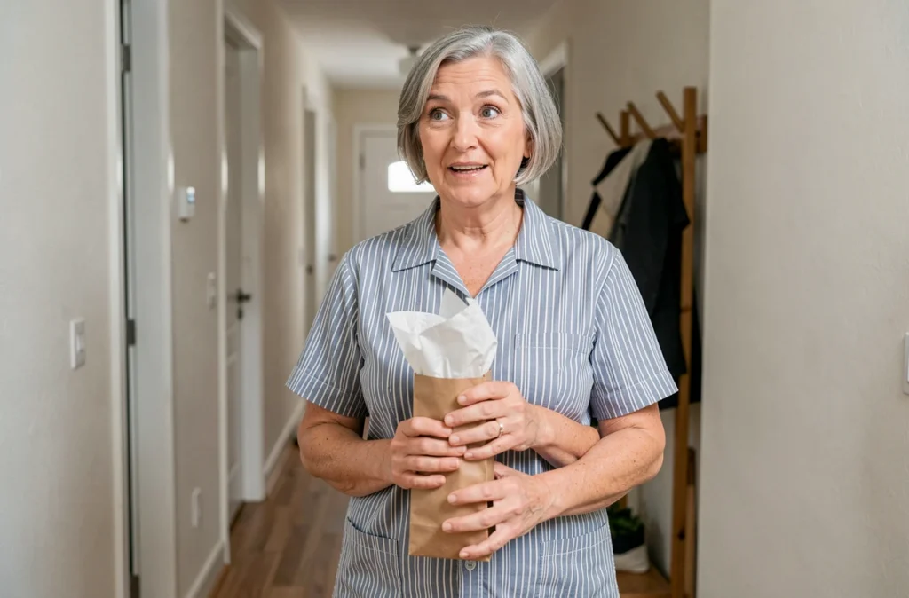 Femme de ménage tenant un sac cadeau dans un couloir d'appartement avec une expression de surprise agréable
