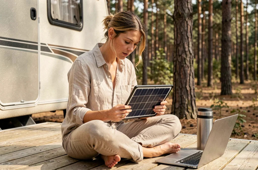 Femme installant un petit panneau solaire pliable sur le toit d'un van aménagé en forêt de pins