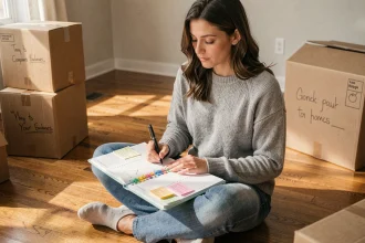 Femme planifiant son déménagement avec un agenda détaillé entourée de cartons dans un appartement