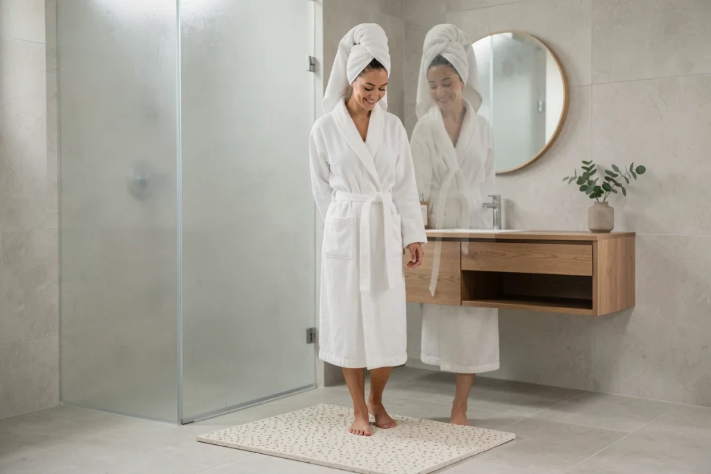 Femme en peignoir debout sur un tapis de bain en diatomite dans une salle de bain moderne et épurée