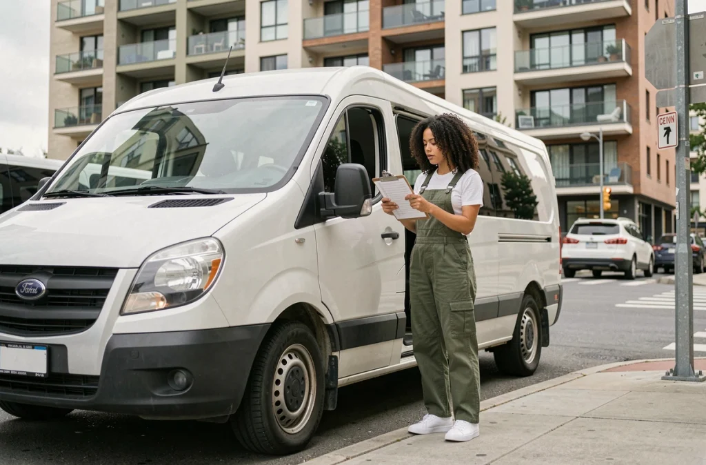 Femme vérifiant une liste de contrôle avant de conduire un utilitaire de location pour un déménagement en ville