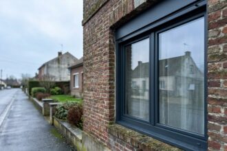 Fenêtre en aluminium anthracite installée sur une façade en brique à Calais, vue extérieure moderne et performante