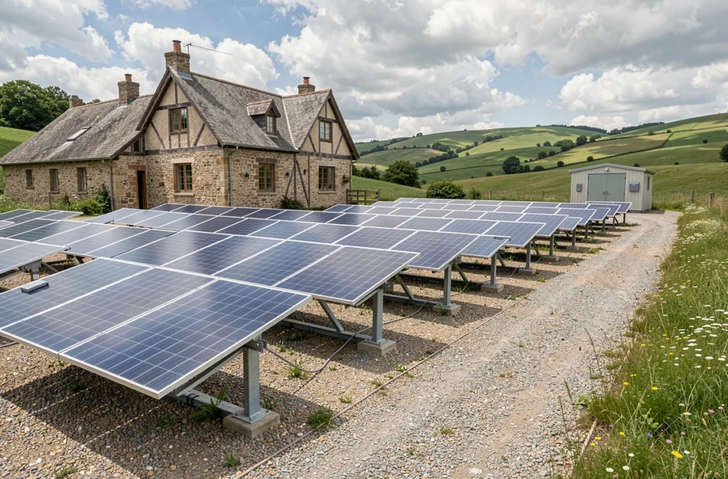 Ferme autonome en zone rurale équipée d'une grande installation de panneaux solaires au sol