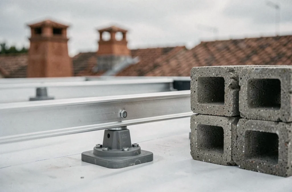 Système de fixation de panneaux solaires lesté sans perçage sur membrane de toiture plate