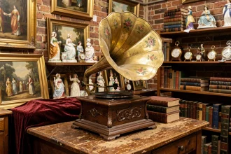 Gramophone ancien en laiton avec pavillon évasé posé sur une table en chêne dans une brocante authentique
