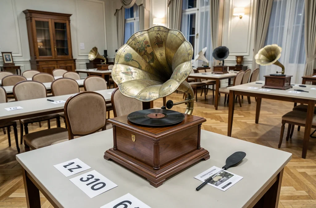 Gramophone ancien exposé comme lot numéroté dans une salle des ventes aux enchères professionnelle