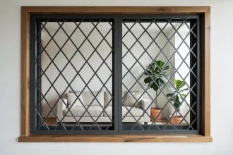 Grillage de protection fenêtre en acier noir au motif géométrique dans un appartement moderne au style scandinave