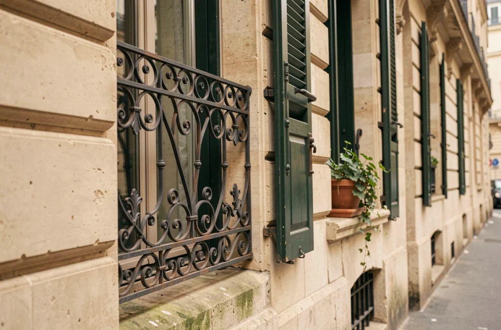 Grille de sécurité en fer forgé ornemental avec motifs floraux sur façade haussmannienne en pierre avec volet vert