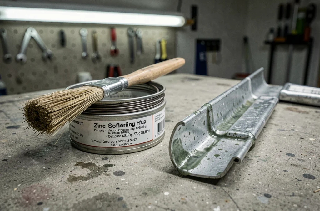 Gros plan sur un pot de décapant, du fil de soudure et une brosse sur un établi en béton pour la soudure de gouttières en zinc