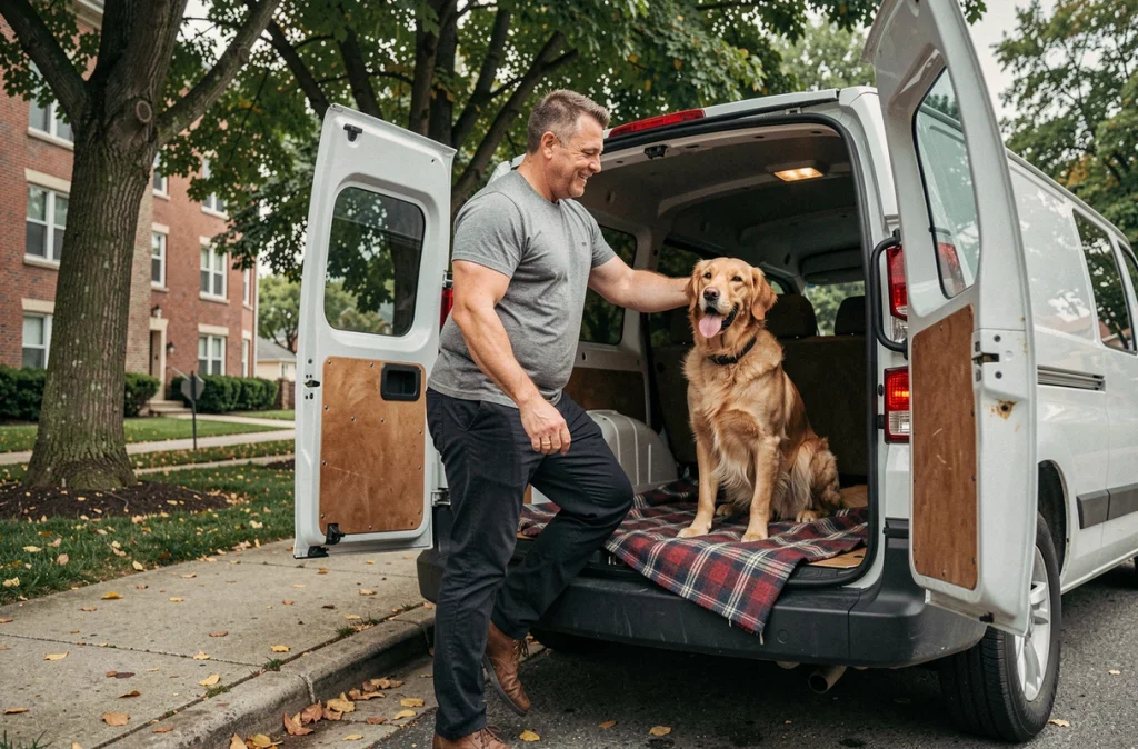 Homme chargeant un camion de déménagement avec un golden retriever installé confortablement à l'intérieur