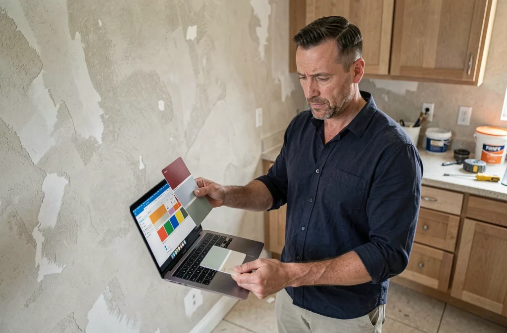 Homme comparant des échantillons de peinture physiques avec les recommandations d'une application de décoration sur ordinateur portable dans une cuisine en rénovation