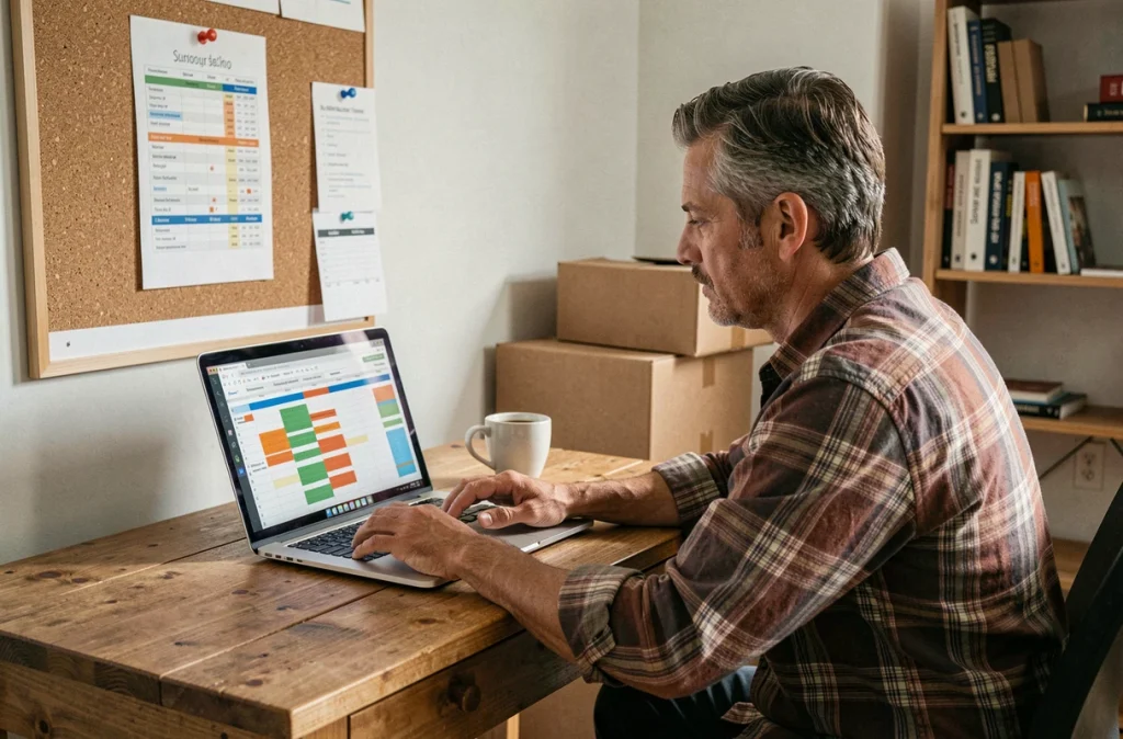 Homme consultant un planning de déménagement détaillé sur ordinateur dans un bureau à domicile