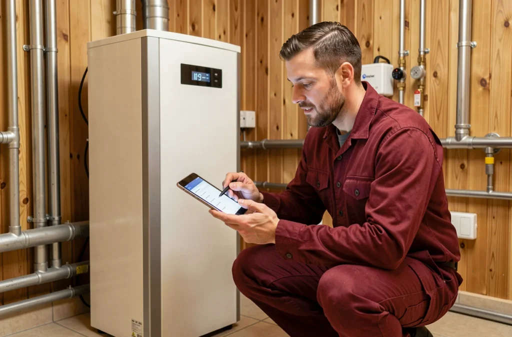 Technicien de L'Idée du Feu configurant une pompe à chaleur dans une chaufferie en bois