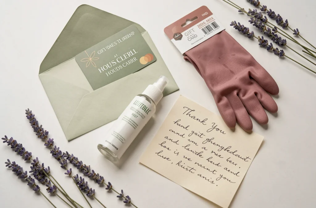 Idées de cadeaux pour femme de ménage disposées en flat lay : carte cadeau, crème mains, gants et mot de remerciement