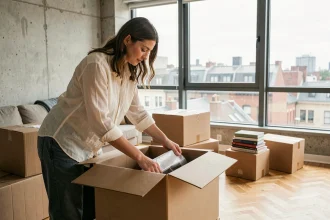 Jeune femme qui déménage dans un nouvel appartement en ville, entourée de cartons ouverts dans un salon moderne aux murs en béton et parquet chêne clair