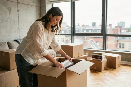 Jeune femme qui déménage dans un nouvel appartement en ville, entourée de cartons ouverts dans un salon moderne aux murs en béton et parquet chêne clair