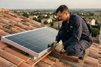 Technicien installant un panneau solaire thermique sur un toit de maison individuelle en France